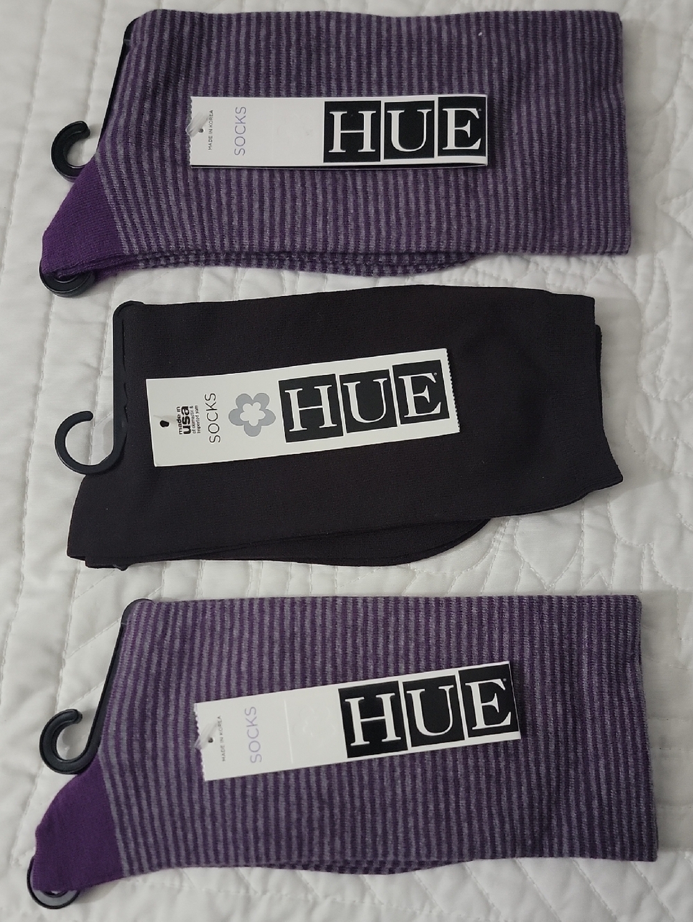 HUE Men's Or Women's Three-Pack Socks in Purple Stripe & Brown